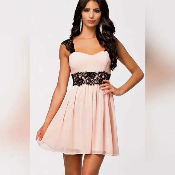 Boutique Dresses | Nw/Ot Pink Chiffon Babydoll Dress with Black Lace | Color: Black/Pink | Size: S | Rockymsc's Closet